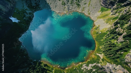 an aerial view of a blue lake surrounded by green trees and a large rock outcropping on the other side of the lake is a large body of water.