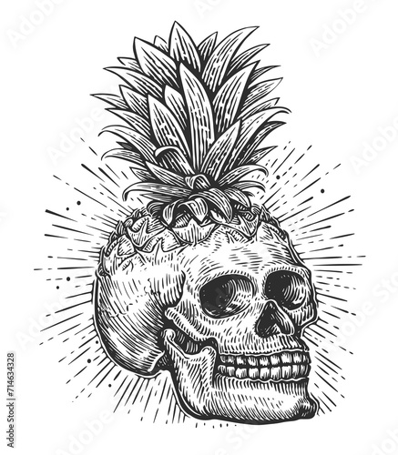 Human skull and leaves. Hand drawn skeleton head in vintage engraving style. Sketch vector illustration