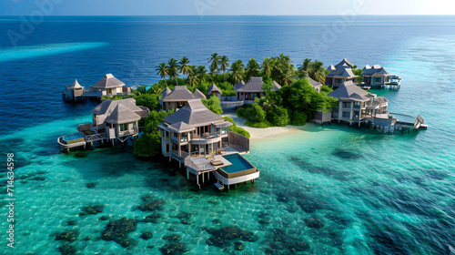 Wooden houses on the water on a beautiful island with palm  © Taisiia