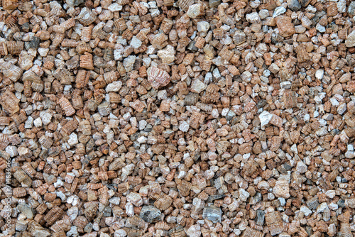 Top view, close-up of Vermiculite, potting cactus, succulent, hydroponics and plant material.