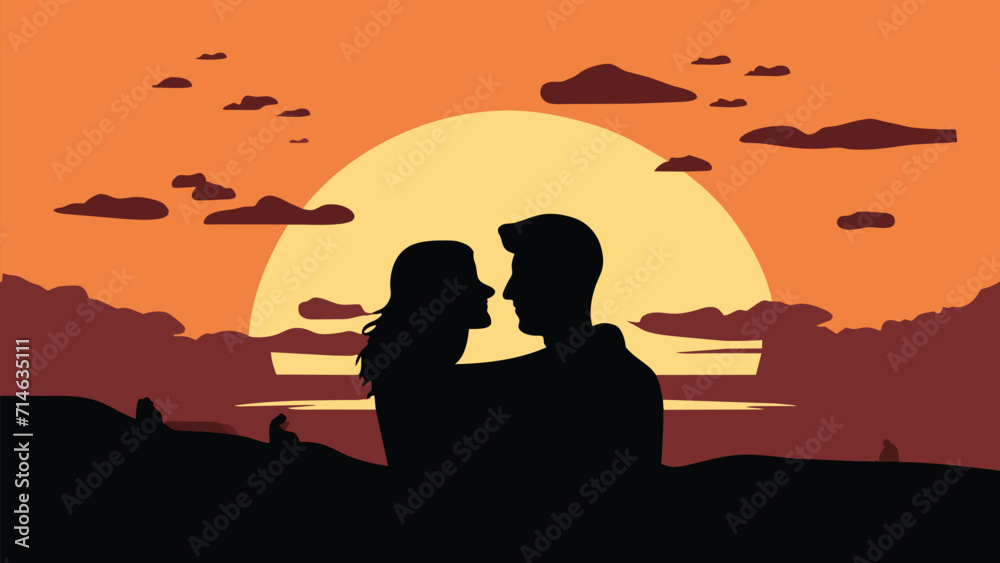 silhouette of romantic Couple in love holding hand together during sunset with mountain background. Valentine's day or Wedding concept