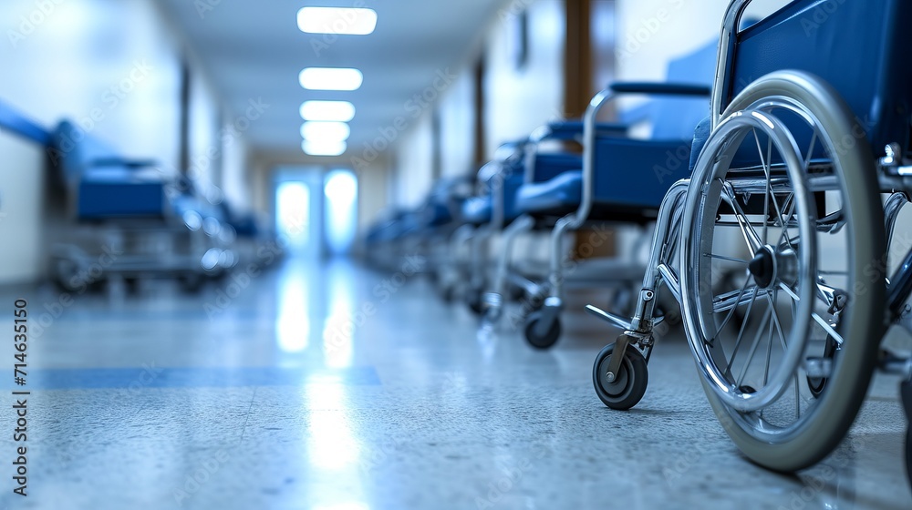 Fototapeta premium Empty wheelchairs lined up in hospital corridor with copy space, perfect for medical concepts