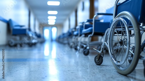 Empty wheelchairs lined up in hospital corridor with copy space, perfect for medical concepts