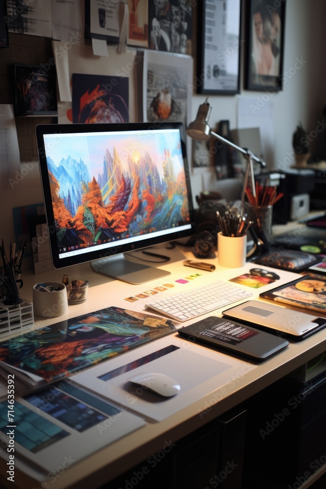 Naklejka premium professional creative graphic designer desk. ai generated