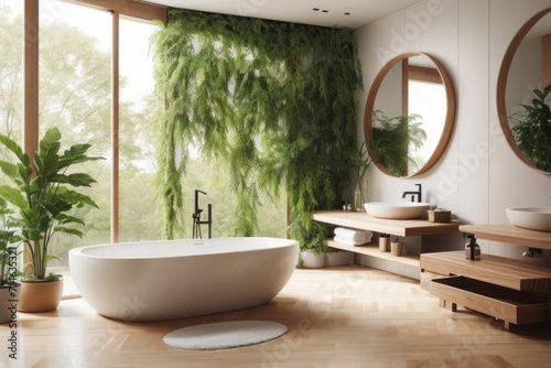 farmhouse interior home design of modern bathroom with white bath and greenery with bath furniture