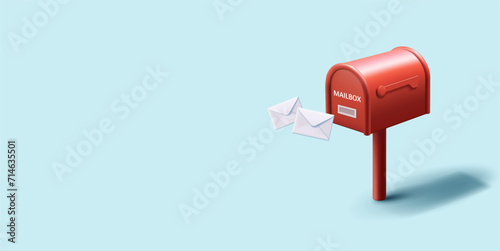 Vintage red mailboxes with envelopes next to it, post delivery composition, 3d render cartoon realistic style
