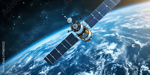 Space satellite concept orbiting the earth Space satellite above the earth's surface ,An orbiting communications satellite and other researchers with probes rushes into Earth's orbit  photo