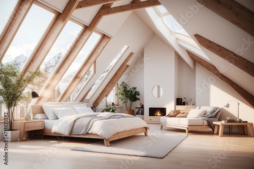Interior home design of modern bedroom with white bed and wooden furniture in the attic