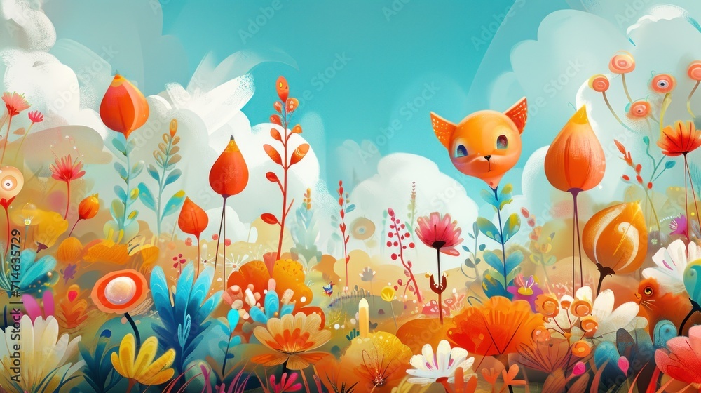 a painting of a fox in a field of flowers with clouds in the background and a blue sky in the middle of the painting is a cartoon - like scene.