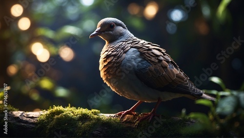 Pigeon on a tree stump with bokeh background.