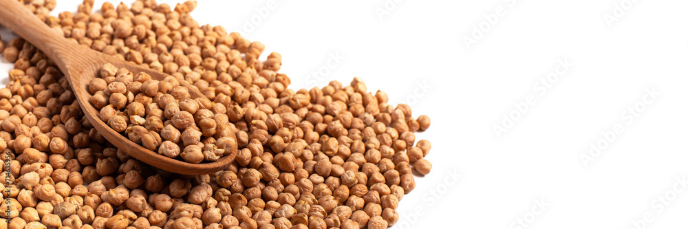 Dry organic chickpeas isolated on white background with copy space. Banner. Top view. Dry organic chickpeas isolated on white background with copy space. Banner. Top view.