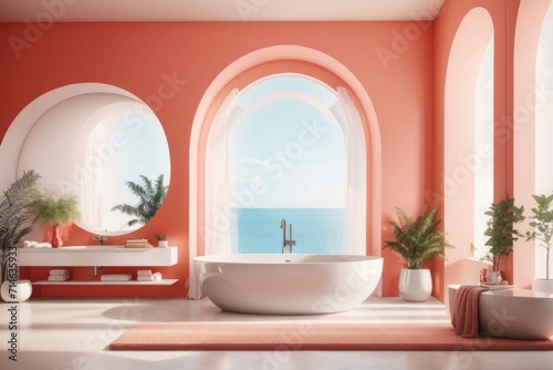 Interior home design of modern bathroom with bathtub and arched window with coral colored wall