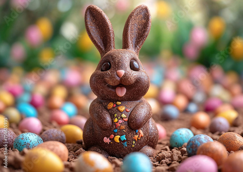 Cute chocolate easter bunny on colorful easter eggs background on spring holiday ocasion.Macro.AI Generative.Macro.AI Generative.