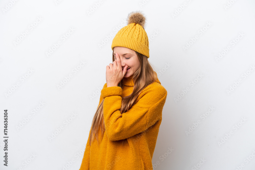 Young caucasian woman wearing winter jacket isolated on white background laughing Young caucasian woman wearing winter jacket isolated on white background laughing