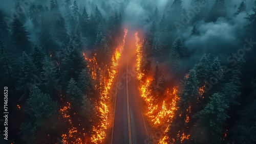 Aerial view of a forest fire along the side of the road in smoke