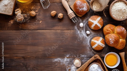 Top view flat lay of ingredients for making hot cross bun on a wood brown table. Empty in the middle. Copy space.