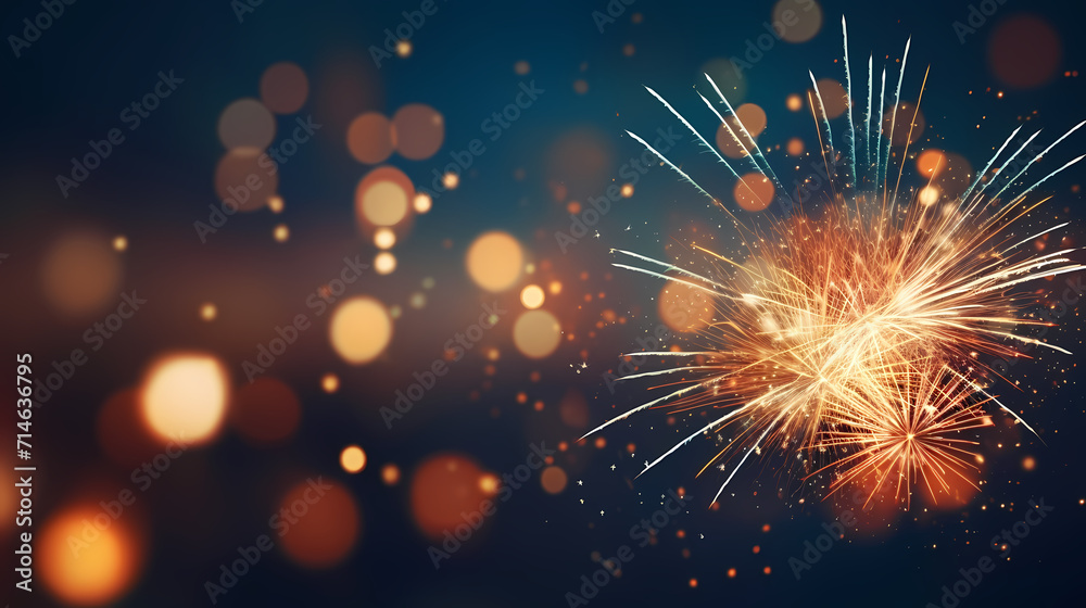 Naklejka premium Happy New Year, burning fireworks with bokeh light background