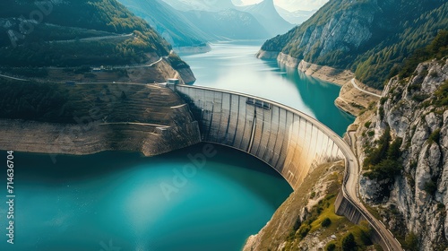 Water dam and reservoir lake aerial view in Alps mountains generating hydroelectricity. Architectural detail of the concrete dam. Copy space. photo