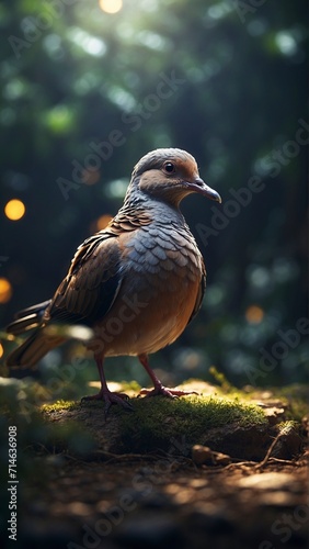 Pigeon on a tree stump with bokeh background.