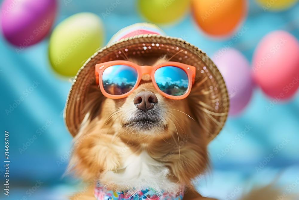 Funny dog wearing summer hat and sunglasses on background.