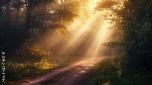  a dirt road in the middle of a forest with the sun shining through the trees on the other side of the road  with the sun shining through the trees on the other side of the road.