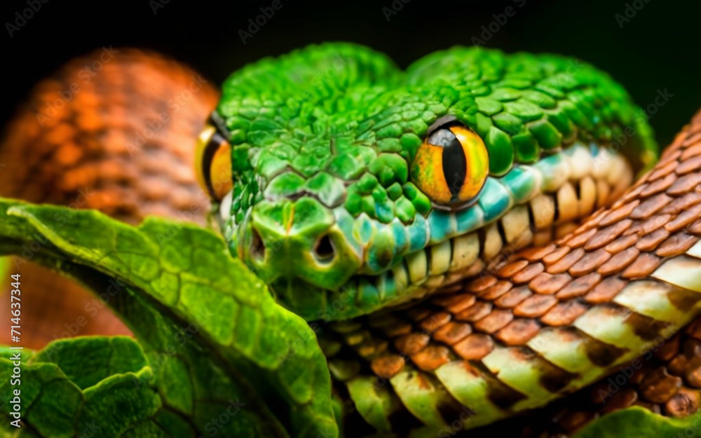 Macro shot of Exceptionally funny Trimeresurus Venustus Snake with colorful fur. on a wet leave. delicate giant eye features, funny. looking upwards to the camera, eye contact. Generative ai Macro shot of Exceptionally funny Trimeresurus Venustus Snake with colorful fur. on a wet leave. delicate giant eye features, funny. looking upwards to the camera, eye contact. Generative ai