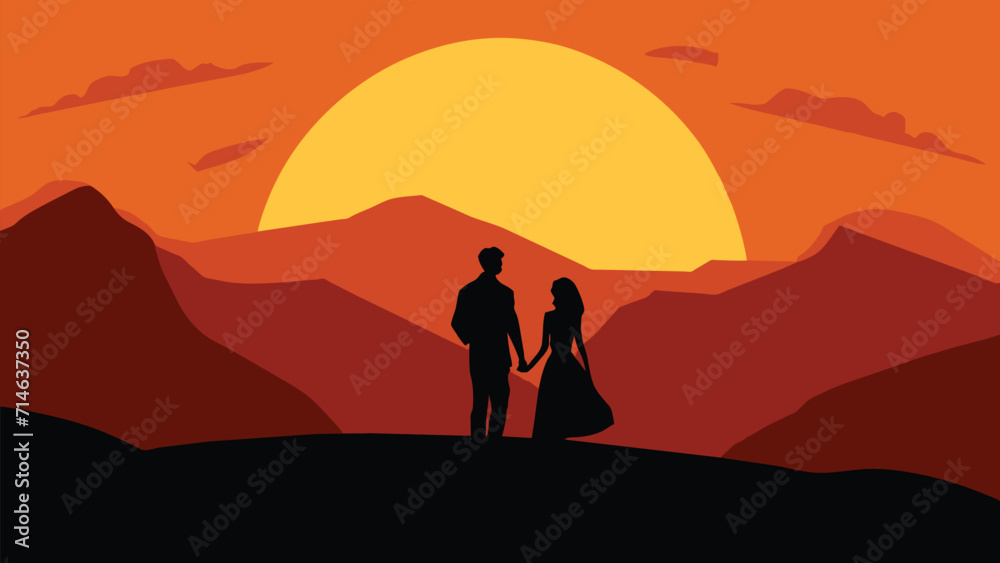 silhouette of romantic Couple in love holding hand together during sunset with mountain background. Valentine's day or Wedding concept