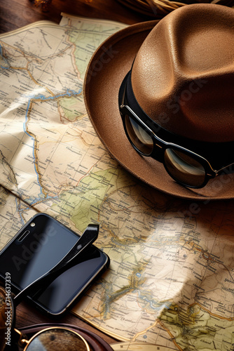 Hat sunglasses map and mobile phone on old map.