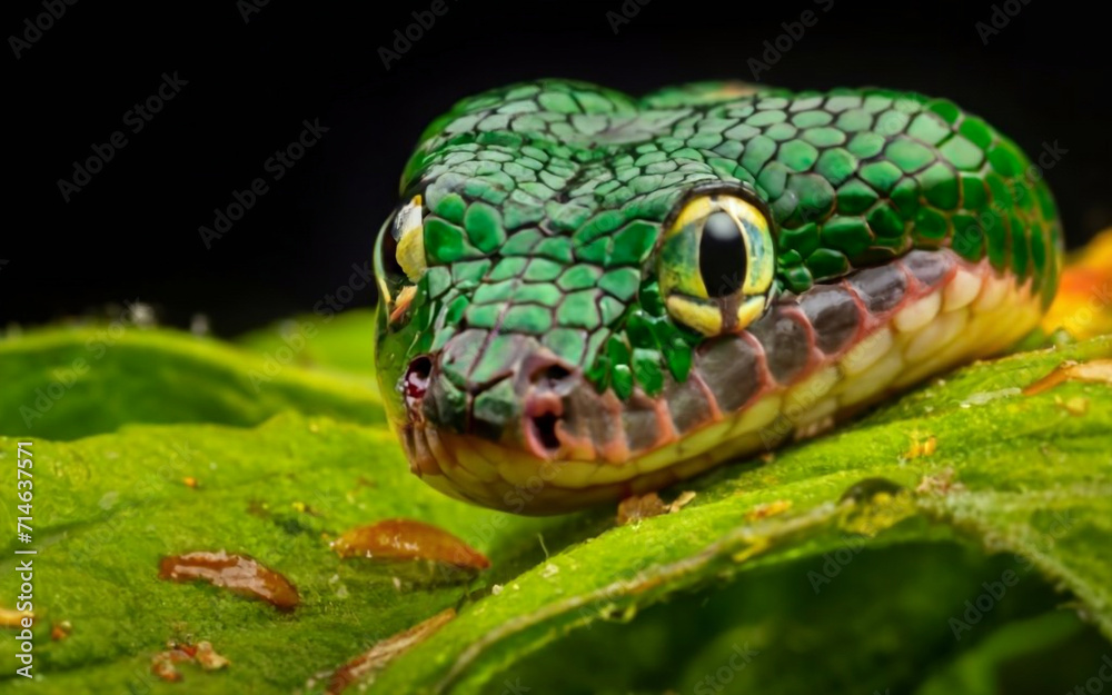 Macro shot of Exceptionally funny Trimeresurus Venustus Snake with colorful fur. on a wet leave. delicate giant eye features, funny. looking upwards to the camera, eye contact. Generative ai Macro shot of Exceptionally funny Trimeresurus Venustus Snake with colorful fur. on a wet leave. delicate giant eye features, funny. looking upwards to the camera, eye contact. Generative ai