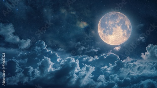  a full moon rising above the clouds in the night sky with stars and clouds in the foreground  with a dark blue sky with white clouds and a few stars in the foreground.