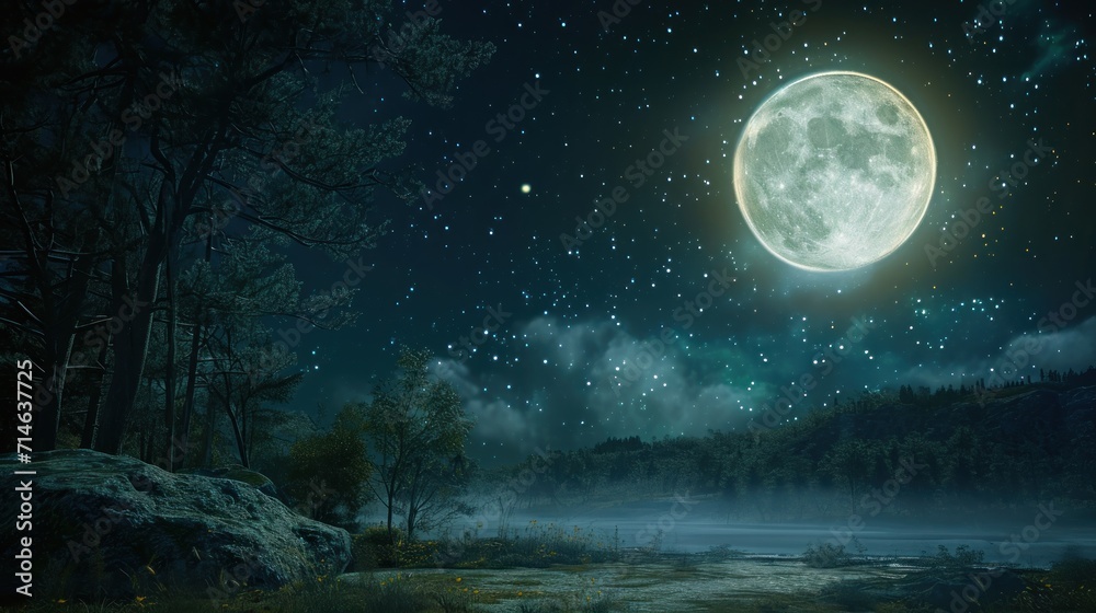 a painting of a night sky with a full moon and stars above a lake with a forest in the foreground and trees on the other side of the water. a painting of a night sky with a full moon and stars above a lake with a forest in the foreground and trees on the other side of the water.