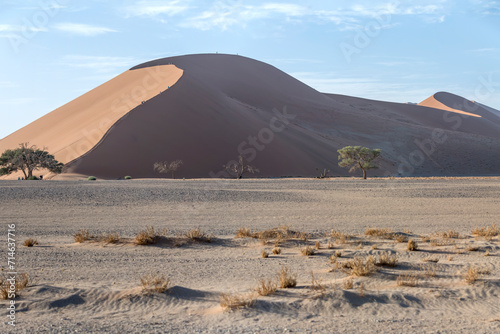 shady side of big red dune with tourists climbing on its edge, Naukluft desert near Sossusvlei, Namibia