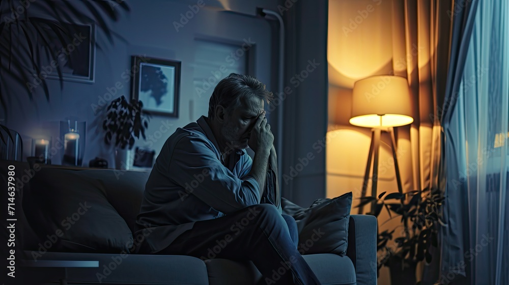 Sad man suffering depression insomnia awake and sit alone in the living room. Melancholy theme background. Copy space