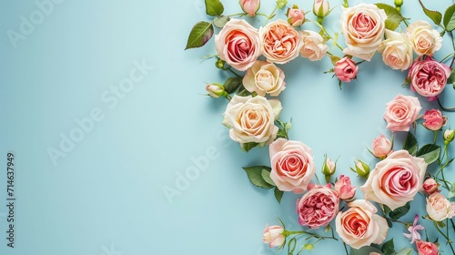 A heart shape hole from a pastel color background. Rose flowers inside the hole. Top view, flat lay. Banner. Spring, summer or garden concept. © Ainur
