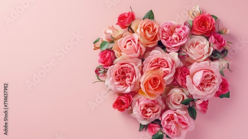 A heart shape hole from a pastel color background. Rose flowers inside the hole. Top view  flat lay. Banner. Spring  summer or garden concept.