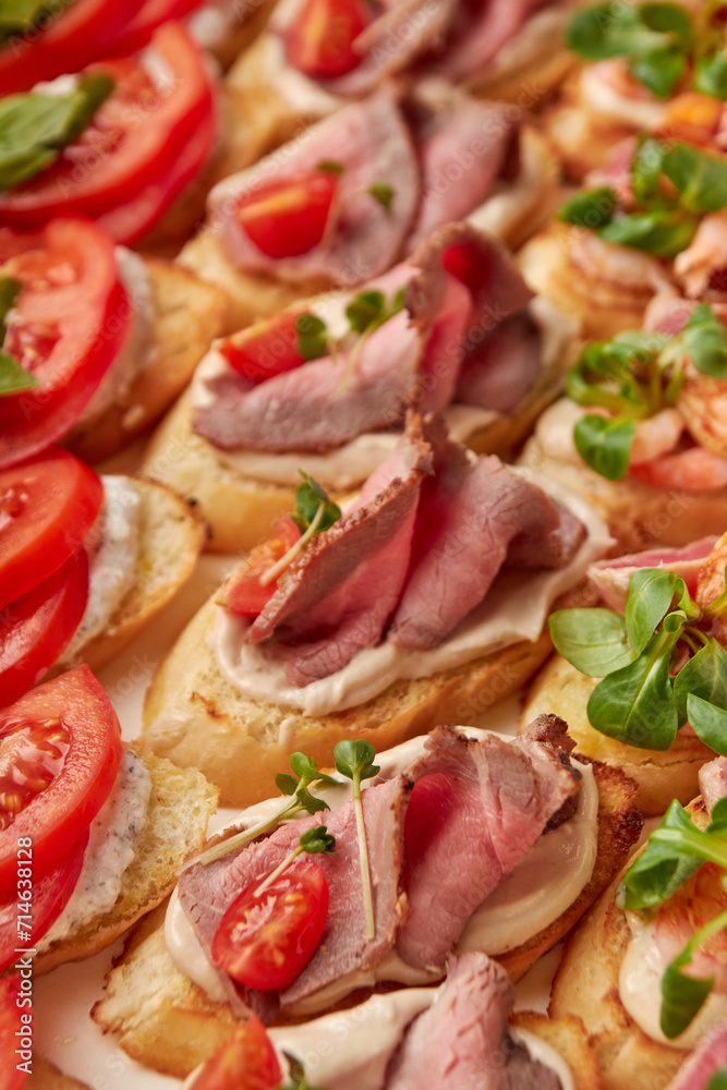 Assorted Gourmet Bruschetta Platter Close-Up Assorted Gourmet Bruschetta Platter Close-Up