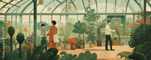 Gardeners in botanical dense flower garden. Exploring Botanic greenhouse or flowers Garden. illustrative style.