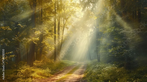  a dirt road in the middle of a forest with sunbeams shining through the trees on either side of the dirt road and trees on either side of the road.