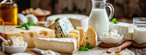various dairy products, milk and cheese. Close up on a wooden background photo