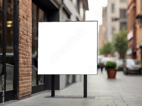 Blank white signboard on a city street. Mock up. Created using generative AI tools