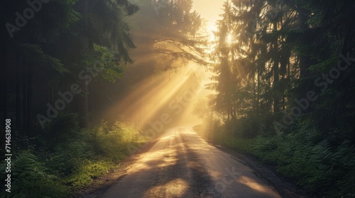  a dirt road in the middle of a forest with the sun shining through the trees on either side of the road and the sun shining through the trees on the other side of the road.