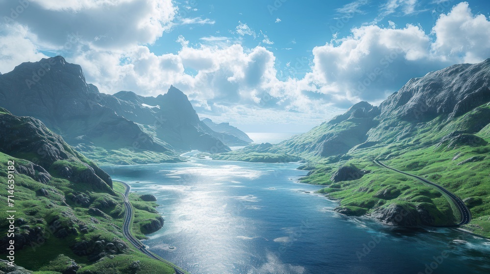  a river running through a lush green valley under a blue sky with puffy clouds and a winding road running through the center of the valley is surrounded by lush green hills.