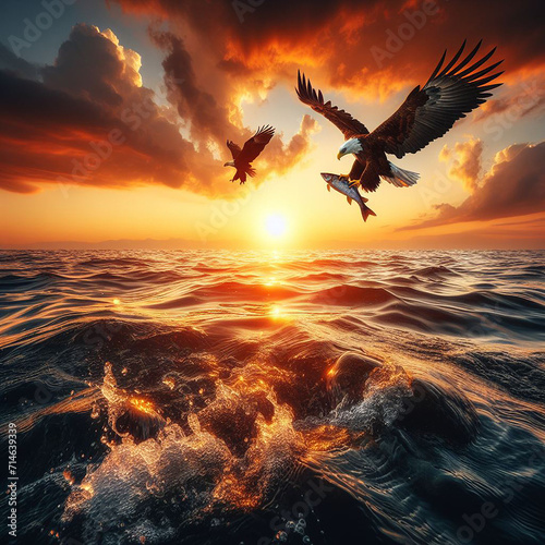 An eagle is hunting a fish from above the seawater Ai generated art photo