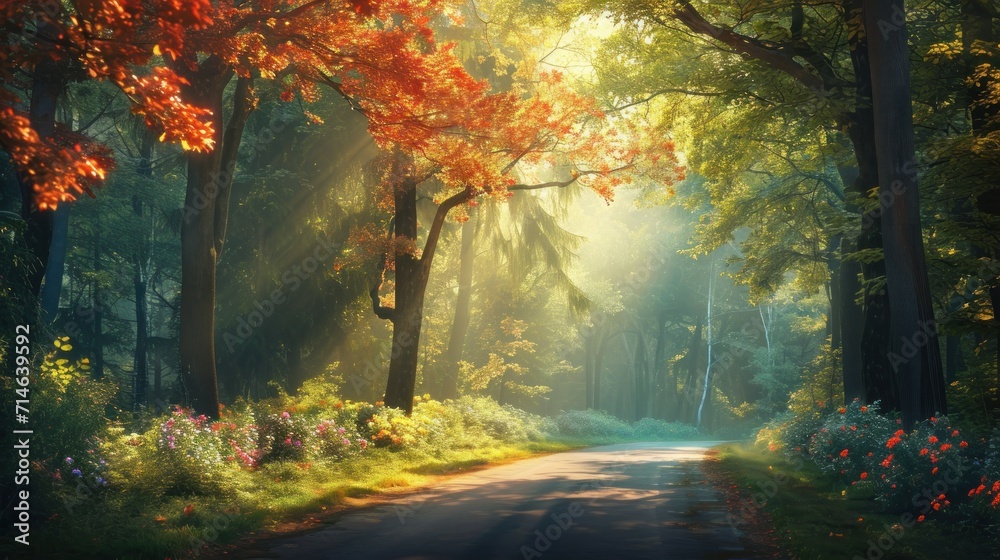 a painting of a road in the middle of a forest with trees and flowers on both sides of the road and the sun shining through the trees on the other side of the road.