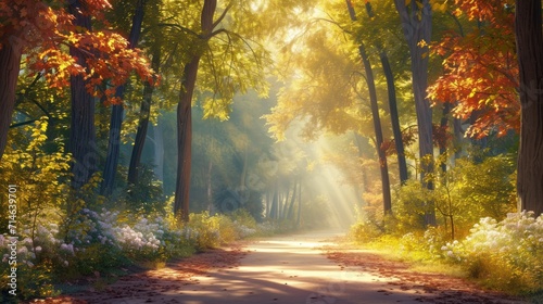  a painting of a road in a forest with sunbeams coming through the trees and flowers on both sides of the road, with the sunbeams shining through the trees. © Olga