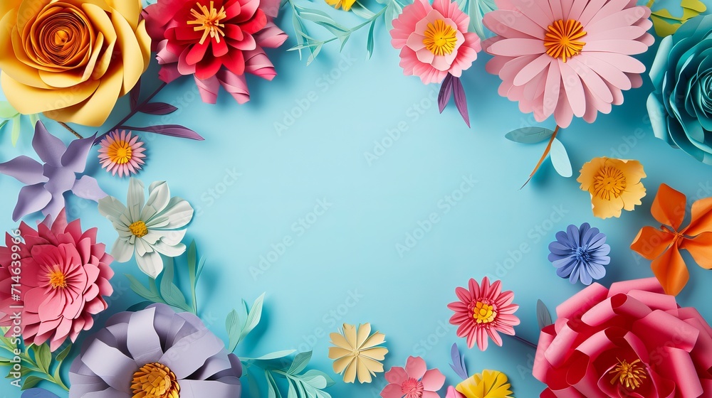 Colorful handmade flowers on plain blue background