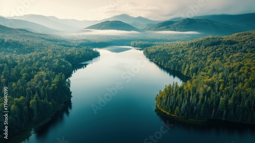  an aerial view of a body of water surrounded by green trees and a mountain range in the distance with low lying clouds in the sky and low lying clouds in the foreground.