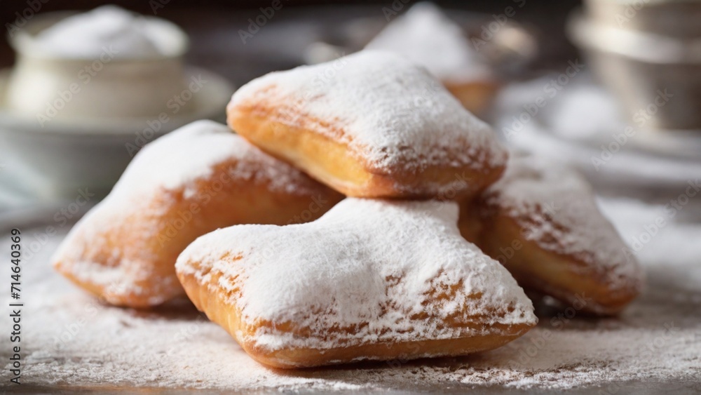 Capture the irresistible charm of a beignet with a generous dusting of powdered sugar, emphasizing the sweet and airy qualities of this delightful treat. - Generative AI