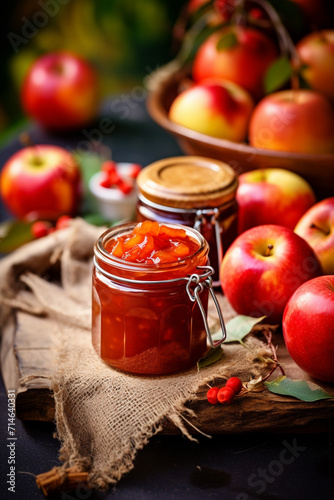 Apple jam in a glass jar. Apple jam on a wooden background. Delicious natural marmalade