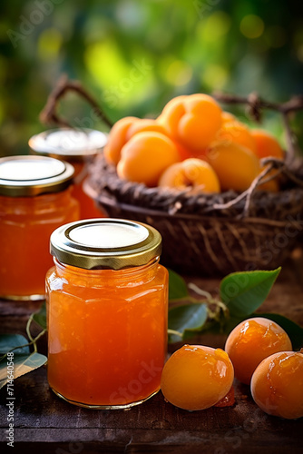 Apricot fruits and apricot jam on the wooden background.Delicious natural marmalade